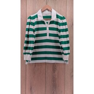 LOFT Green & White Striped Rugby Collared Top – Size LP – 100% Cotton
